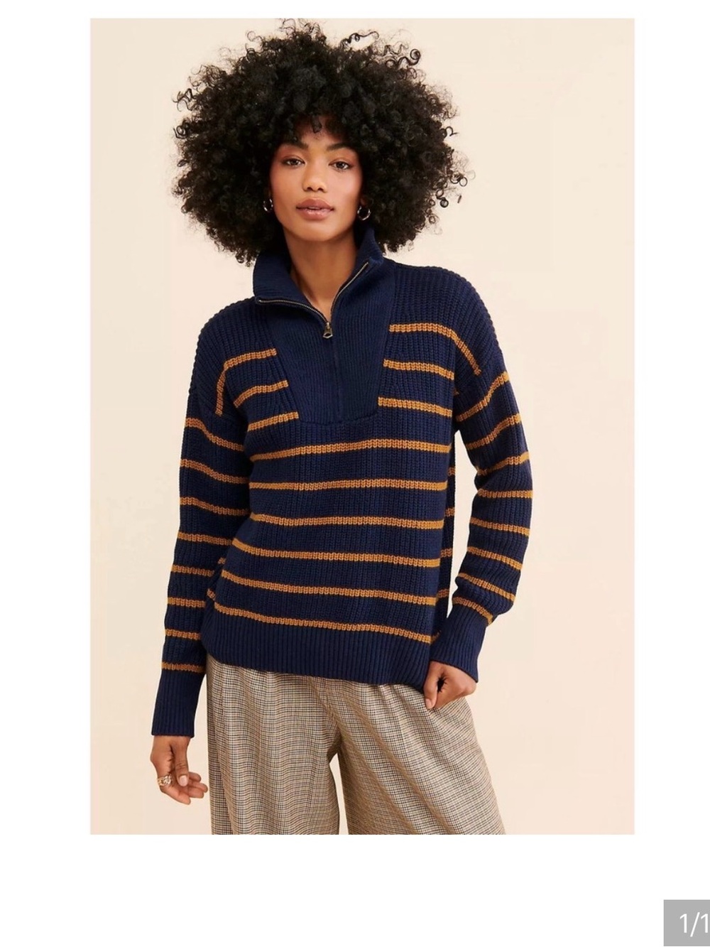 Faherty - Navy and Camel Striped Half-Zip Sweater